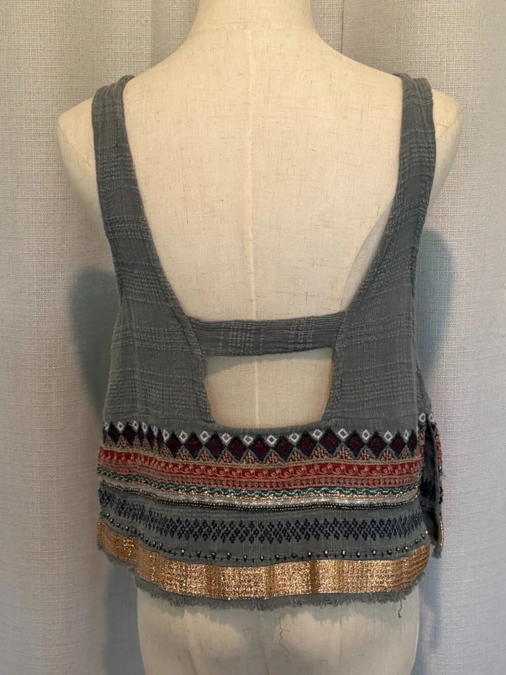 Ecote Boho Embellished Cotton Tank - Green & Gold Festival Top S - Picture 4 of 10